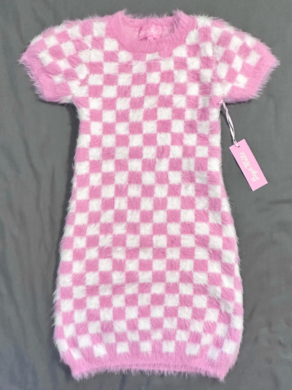 Sugar Thrillz Candyland OG Mini Dress S NWT Dolls Kill Pastel Fuzzy Checker Y2K - Picture 5 of 8